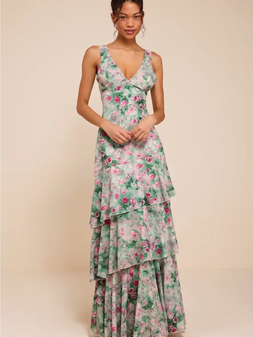 Lulu's Mint Floral Tiered Maxi Dress with Pink Roses